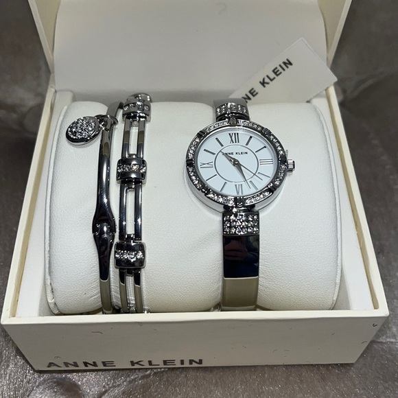Anne Klein three-piece silver watch and bracelet set with crystals and gift box